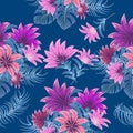 Seamless pattern with blue tropical palm leaves and pink flowers on dark blue background.  Floral decorative illustration vector Royalty Free Stock Photo