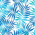 Seamless pattern with blue and turquoise tropical palm leaves