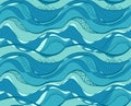 Seamless pattern with blue and turquoise waves with tribal pattern. Water surface. Vector texture of the ocean and rivers. Royalty Free Stock Photo