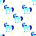 Seamless pattern with blue unicorn, stars