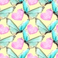 Seamless pattern of blue watercolor abstract translucent butterflies and pink hearts. Hand drawn delicate background and texture Royalty Free Stock Photo