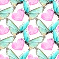 Seamless pattern of blue watercolor abstract translucent butterflies and pink hearts. Hand drawn delicate background and texture Royalty Free Stock Photo