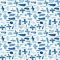 Seamless pattern with blue watercolor crosses or pluses and lines. Ultramarine watercolor wallpaper.