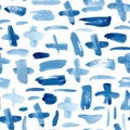 Seamless pattern with blue watercolor crosses and strips. Ultramarine watercolor wallpaper.