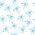 Seamless pattern with blue watercolor hand drawn snowflakes on white background. Royalty Free Stock Photo