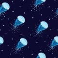 Seamless pattern with blue watercolor jellyfish on dark background Royalty Free Stock Photo