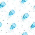 Seamless pattern with blue watercolor jellyfish. Sea background. Royalty Free Stock Photo