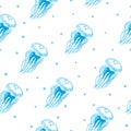 Seamless pattern with blue watercolor jellyfish. Royalty Free Stock Photo