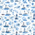 Seamless pattern with blue watercolor lighthouses, sailboats and flowers Royalty Free Stock Photo