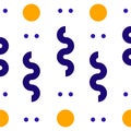 Seamless pattern with blue waves and yellow circles and purple dots.