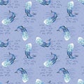 Seamless pattern with blue whale, doodle background, watercolor illustration.