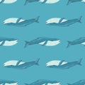 Seamless pattern Blue whale on light blue background. Template of cartoon character of ocean for fabric Royalty Free Stock Photo