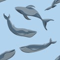 Seamless pattern. Blue whales in different poses on a blue background