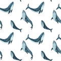Seamless pattern with blue whales hand-painted in watercolor, on a white background. Watercolor illustration. Suitable