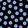 Seamless pattern with blue and white round clothing buttons isolated on black background. Buttons flat design. Vector