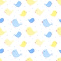 Seamless pattern of blue and yellow birds with hearts. Vector image for boy and girl. Illustration for holiday, baby shower, birth Royalty Free Stock Photo