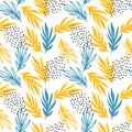 Seamless pattern of blue and yellow branches with dots on white background, simple vector illustration