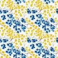 Seamless pattern, blue and yellow flowers on a white background. Pattern for various products, paper, fabric, etc.