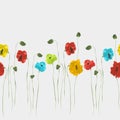 Seamless pattern of blue, yellow, green flowers and red poppies on a light gray background. Watercolor Royalty Free Stock Photo