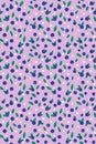 Seamless pattern of blueberries, green leaves and white bubbles on a light lilac background