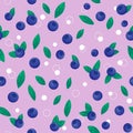 Seamless pattern of blueberries, green leaves and white bubbles on a light lilac background