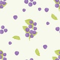 Seamless pattern with blueberries. Summer ripe bilberry with leaves on light background. Vector illustration in flat