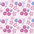 Seamless pattern, blueberry berries and leaves with flowers