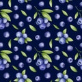 Seamless pattern with a blueberry, sprig, and leaves a green backdrop. Digital watercolor design for fabric, print