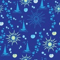 Seamless pattern with boat sun and seashell