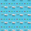 Seamless pattern of boats in the blue sea and restrictive buoys