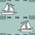 Seamless pattern with Boats. Sailing yachts, sea waves and fish. Horizontal stripes. Marine summer concept design Royalty Free Stock Photo