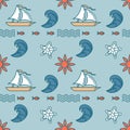 Seamless pattern with Boats. Sailing yachts, sea waves, sun and fish. Horizontal stripes. Marine summer vector concept Royalty Free Stock Photo