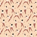 Seamless pattern with body positive dancing women in summer swimsuits. Attractive overweight female in bikini, charming