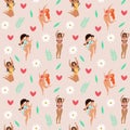 Seamless pattern of body positive happy women, hearts, daisies, leaves and twigs