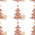 Seamless pattern with boho new year trees with gift boxes in beige color