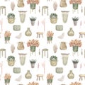 Seamless pattern of boho plants and indoor flowers in baskets and hanging pots macrame decor Vector illustration of a modern home Royalty Free Stock Photo