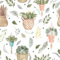 Seamless pattern of boho plants and indoor flowers in baskets and hanging pots Watercolor illustration modern home decor Royalty Free Stock Photo