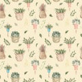 Seamless pattern of boho plants and indoor flowers in baskets and hanging pots Watercolor illustration modern home decor on yellow