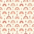 Seamless pattern with boho rainbows, hearts, crescent moon in neutral pastel colors. Perfect for packaging paper design