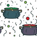 Seamless pattern with boiling brew in cauldrons