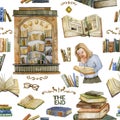 Seamless pattern with book shelves, reading people, book store, armchair with plaid, lamp, glasses. Collection design elements on