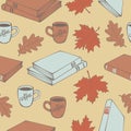 Seamless pattern of books, autumn and oak maple leaves and cups with coffee. Autumn theme vector seamless pattern. Royalty Free Stock Photo