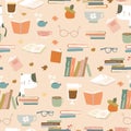 Seamless pattern with Books, Cups and Eyeglasses. Autumn Mood