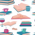 Seamless pattern with books, cups and wine glasses Royalty Free Stock Photo