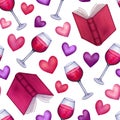 Seamless pattern with books, red wine glass and hearts. Illustration for valentine day giftware, stationery. Romantic Royalty Free Stock Photo