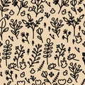 Seamless pattern with botanical elements. Black and white vector flowers, berries, twigs and leaves for design on a Royalty Free Stock Photo