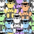 Set of cute colored robots. Seamless pattern with bots for print. army of androids