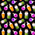 Seamless pattern of bottle with witch`s potions and broths.