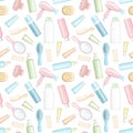 Seamless pattern with bottles for cosmetics, combs, hair dryer, curlers and hairpin