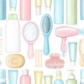 Seamless pattern with bottles for cosmetics, combs, hair dryer, curlers and hairpin Royalty Free Stock Photo